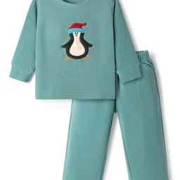 Kanvin Fleece Knit Full Sleeves Antipilling Winter Night Suit with Penguin Patch Embroidery - Turquoise-picture-25