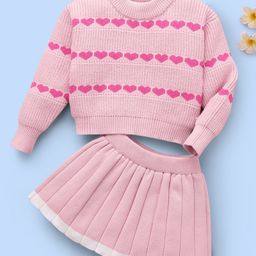 Mark & Mia Viscose Full Sleeves Pullover Sweater & Skirt Set with Heart Design - Pink-picture-10