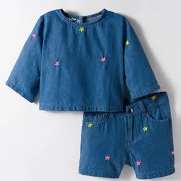 Under Fourteen Only Three Fourthy Sleeves Floral Embroidered Top & Coordinating Shorts Set - Blue-picture-17