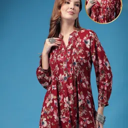 Zelena 100% Rayon Knit Three Fourth Puffed Sleeves Floral Printed Maternity Top With Front Button Nursing Access - Dark Maroon-image-18