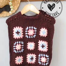 Woonie Hand Knitted Sleeveless Floral Crochet Designed Sweater - Brown-picture-26
