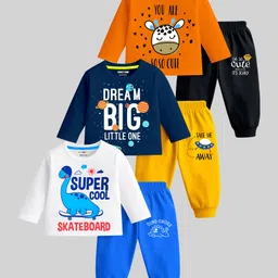 KUCHIPOO Cotton Blend Knit Pack Of 3 Full Sleeves Animals Space Theme & Typography Printed Tees & Joggers Set - Orange Navy Blue White Yellow Black & Blue-picture-26