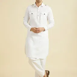 Manyavar Shirt Collar Pure Cotton Pathani Kurta With Pyjamas-picture-38