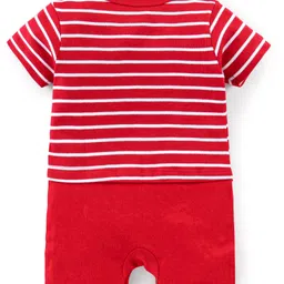 Babyhug 100% Cotton Knit Half Sleeves Striped Romper with Double Decker Bus Print - Red image 2