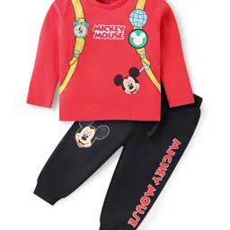 Babyhug Disney Single Jersey Knit Full Sleeves T-Shirt & Lounge Pant with Mickey Mouse Graphics - Red & Black image 2