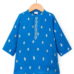 Babyhug Woven Full Sleeves Kurta Pajama Set With Floral Foil Print - Blue image 2