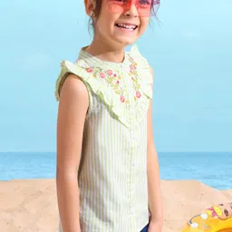 Babyhug Cotton Sleeveless Top With Dobby Striped Embroidery & Frill Detailing - Green & White image 3