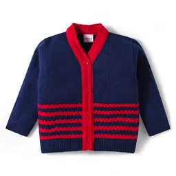 Babyhug Knitted Full Sleeves Striped Sweater Set With Cap & Booties - Red & Navy Blue image 2