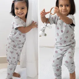 Cocoon Care Bamboo Cotton Woven Half Sleeves Animals Printed Tee & Pajama Set - Grey image 5