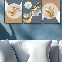 SAF Grey & Beige 3 Pieces Leaf Printed Wooden Wall Art-picture-0