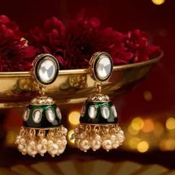 Zaveri Pearls Green Meenakari Dazzling Stones Beads Drop Jhumka Earring-image-61