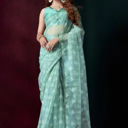 Satrani Blue Printed Saree With Unstitched Blouse-picture-19