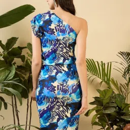 mabish by sonal jain One shoulder Slouchy Printed mini Dress in Blue Abstract Brush stroke Print image 2