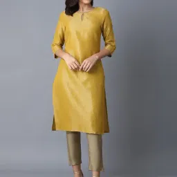 W Yellow Embellished Straight Kurta-image-0