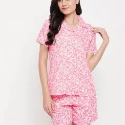 Clovia Pink & White Floral Print Shirt With Shorts-image-31