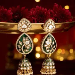 Zaveri Pearls Green Meenakari Lotus Design Kundan Statement Jhumka Earring-image-98