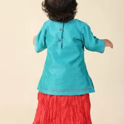 Fabindia Kids Teal Blue & Red Cotton Embroidered Full Sleeves Kurta Set image 2