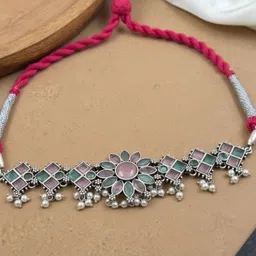 NAMAN ARTS Silver-Plated Artificial Stones Studded & Beaded Oxidised Jewellery Set image 2