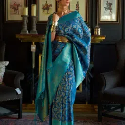 Odette Blue & Turquoise Woven Saree With Unstitched Blouse-picture-19