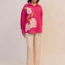 Jilmil Women's Lily Pink Handcrafted Cotton Over Sized Shirt-picture-17