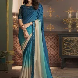 Satrani Blue & Beige Embroidered Saree With Unstitched Blouse-picture-20