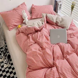 JC HOME Khaki & Pink Striped Printed AC Room Double Queen Bedding Set-picture-12