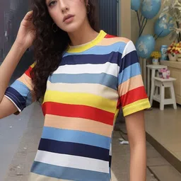 VANGULL Women Round Neck Striped T-shirt-image-3