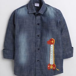 Polka Tots Full Sleeves Giraffe Placement Printed Denim Style Shirt - Blue-picture-13