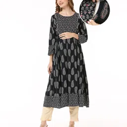 Bella Mama Woven Three Fourth Sleeves Kolka Print With Embroidered Yoke Maternity Kurta - Black-picture-34