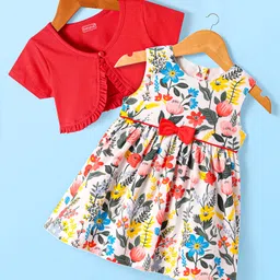 Babyhug Cotton Woven Half Sleeves Shrug & Floral Printed Frock with Bow Applique - Red & White image 1