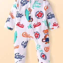 Babyhug Cotton Knit Full Sleeves Footed Sleep Suit With Text Print - White-picture-17