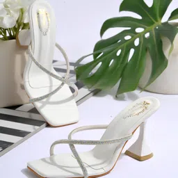 Shoetopia Stones Embellished Slip On Spool Heels Sandals - White-picture-37