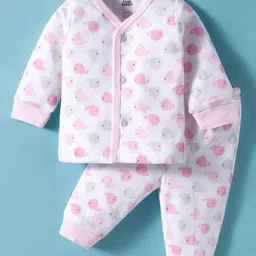 Pink Rabbit Interlock Knit Full Sleeves Co-ords Night Suit with Fish Print - White & Pink-picture-25