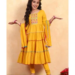 BIBA Cotton Woven Three Fourth Sleeves Floral Embroidered & Sequins Embellished Kurti Churidar With Dupatta Set - Yellow-picture-37
