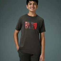 Technosport Knit Half Sleeves Play Hard Text Printed Quick Dry & Breathable Tee - Black Olive-image-83