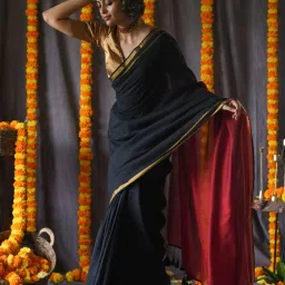 Suta Black Plain Saree with Unstitched Blouse image 2