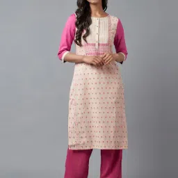 W Beige & Pink Cotton Printed Straight Kurta-image-3