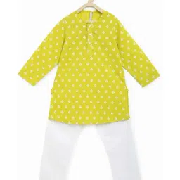 Campana Kids Green & White Cotton Floral Print Kurta Set-image-0