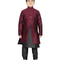 SG Yuvraj Kids Wine & Black Textured Pattern Full Sleeves Kurta Set-picture-43