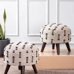 Nestroots Printed White Cotton Canvas 4 Wooden Legs Ottoman - Set of 2-image-95