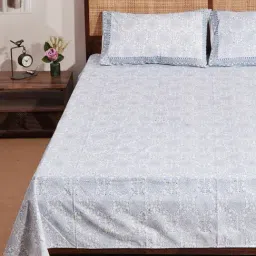 Fabindia Blue Hand Block Cotton Printed Bed Sheet with Pillow Cover image 2