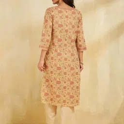 Fabindia Yellow Cotton Regular Fit Floral Print Kurtas With Dupatta image 2
