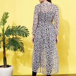 Anvi Be Yourself Women'S White Animal Printed Gathered Longline Semi Sheer Tie-Up Chiffon Shrug image 2