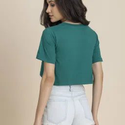 Moomaya Teal Blue Graphic Print Crop T-Shirt image 2