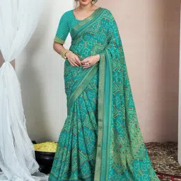 Satrani Green Chiffon Printed Saree With Unstitched Blouse-picture-22