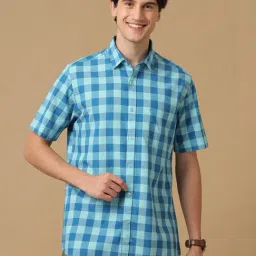 CAVALLO by Linen Club Blue Contemporary Fit Check Shirt-picture-32