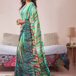 Satrani Green Printed Saree With Unstitched Blouse image 2
