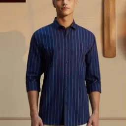 Peter England Navy Cotton Slim Fit Striped Shirt-picture-22