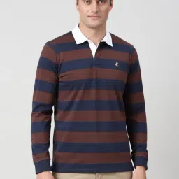 Peter England Navy Cotton Regular Fit Striped Polo T-Shirt-picture-24