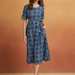 Fabindia Blue Cotton Printed A-Line Dress-picture-20